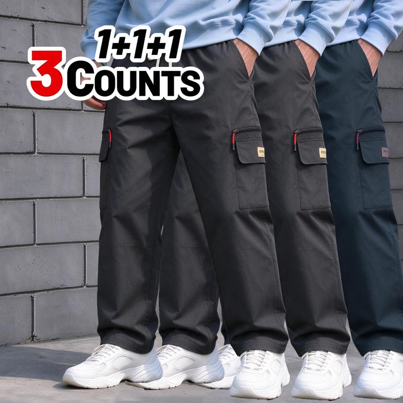 Men's 3-Pack Cargo Pants, Casual Tough-Texture Multi-Pocket Trousers with Zip Side Pockets, All-Season Pants for Daily & Outdoor Wear