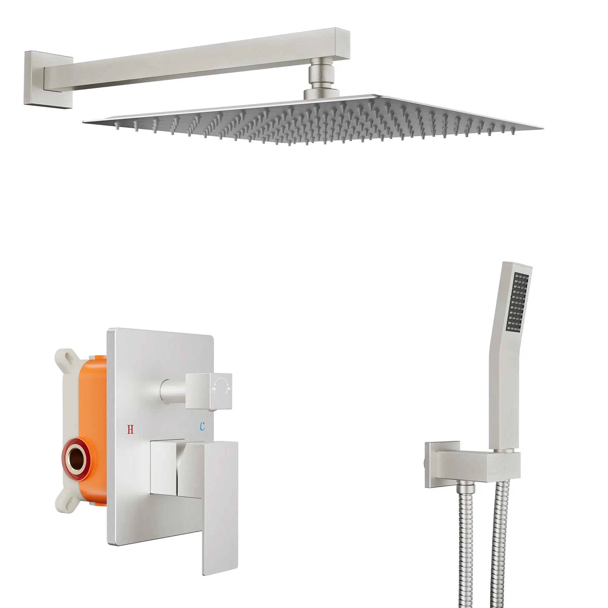 Luxury Concealed Shower System, 10 or 12-Inch Square Rain Head, Brushed or Matte Black, Brass Pressure-Balance Valve