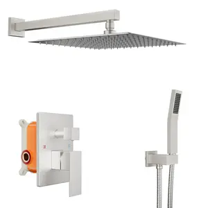 Luxury Concealed Shower System, 10 or 12-Inch Square Rain Head, Brushed or Matte Black, Brass Pressure-Balance Valve