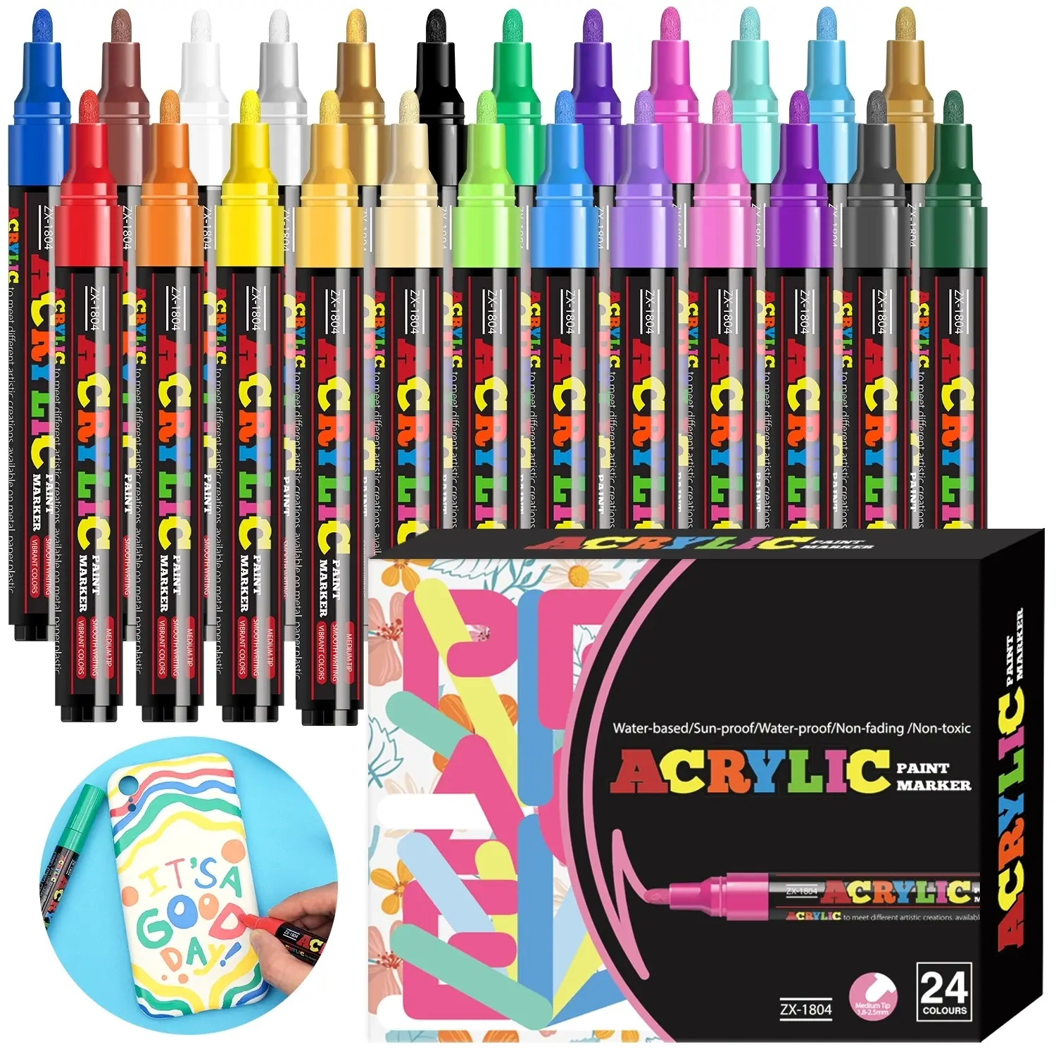 Acrylic Marker Pens Set, 12/18/24 Pieces, 0.2-0.3cm Tips, Multi-Purpose for Rock Painting, Card Art, Skateboard Decor, Christmas Cards
