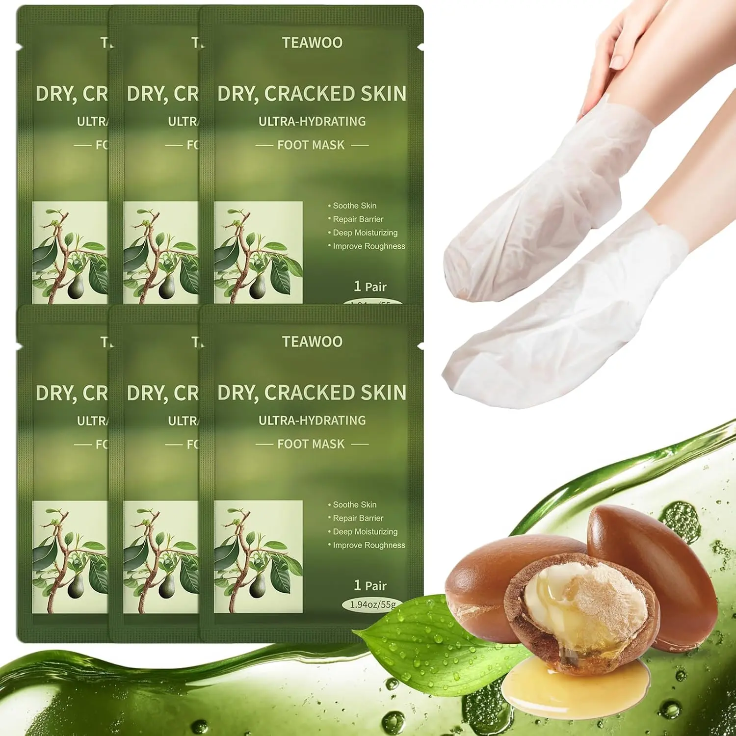 6 Pairs Moisturizing Foot Masks with Shea Butter, Jojoba Oil |   Hydrating Foot Mask For Dry Cracked Feet, Moisturizing Socks, Foot Care Spa Gifts, Bulk Gifts for Women & Men
