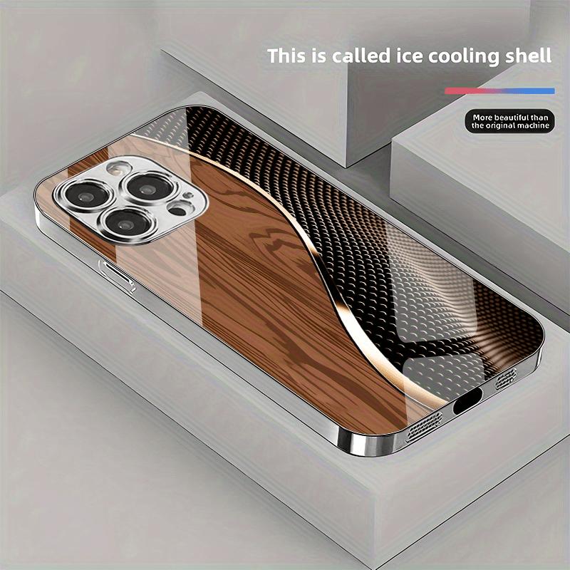 Creative patterned glass phone case, combining wood grain and tech-inspired wave lines, suitable for iPhone 17 16 15 14 13 12 11 pro max