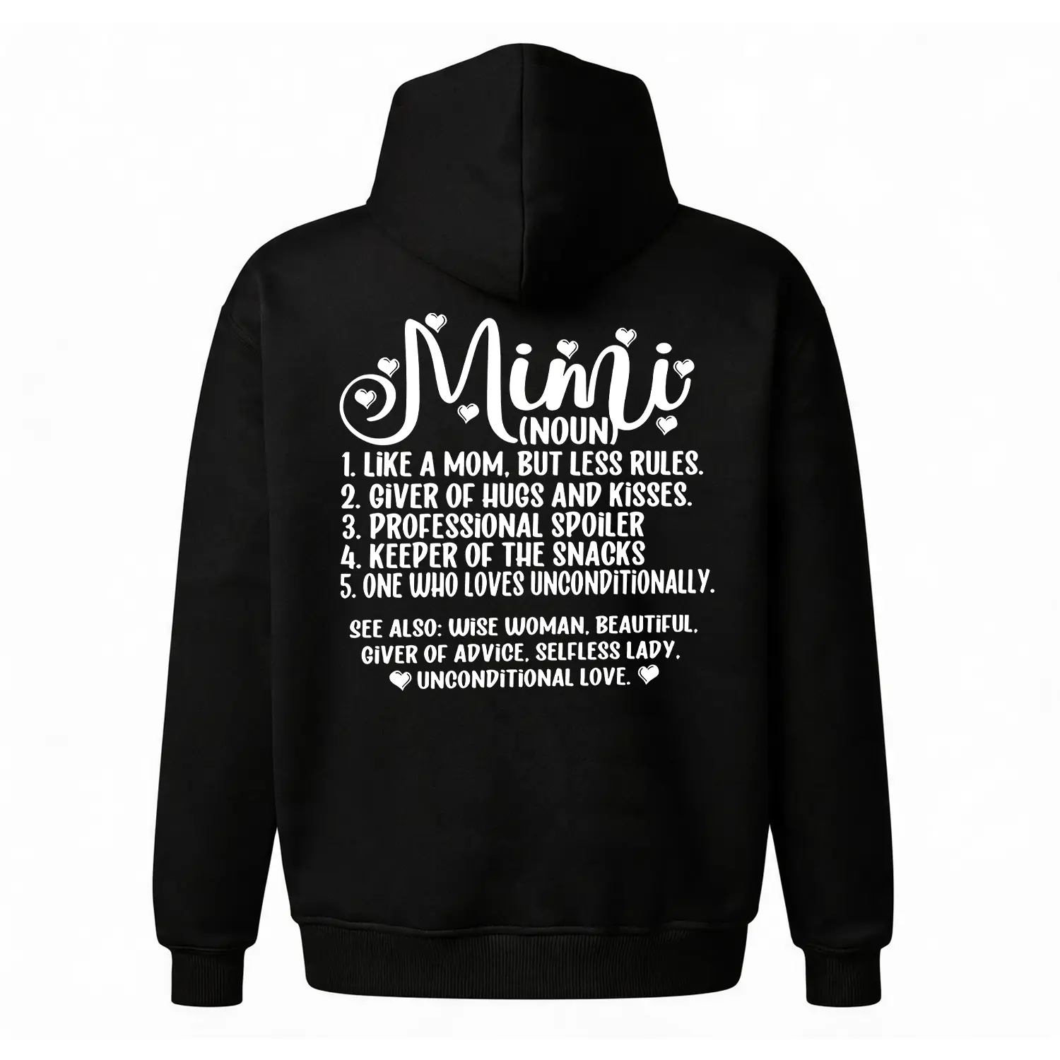 Funny "Mimi Definition" Hoodie |   Grandma Dictionary Back Print Sweatshirt |   Sentimental Grandparent Gift Pullover |   Oversized Unisex Fleece Top |   Best Mother's Day Gift for Mimi