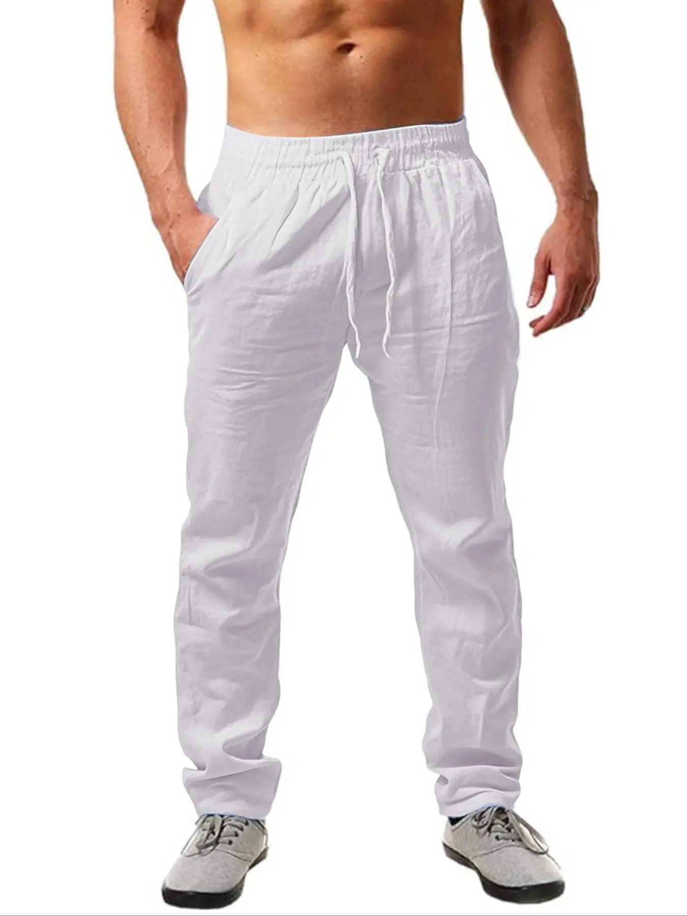 Men's linen long pants, lightweight Breathable beach casual pants, elastic waist linen drawstring design, suitable for summer office wear and casual street style, comfortable and lightweight jogging pants