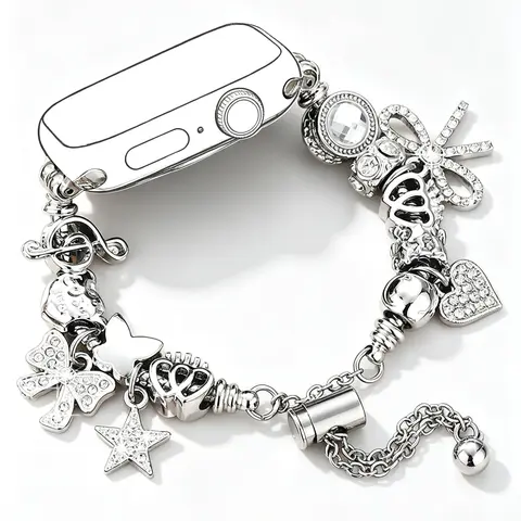 1 piece silver crystal bow heart pendant bead watch band, compatible with Apple Watch 38/40/41/42/44/45/46/49mm, suitable for Apple Watch Series Ultra/SE/11/10/9/8/7/6/5/4/3/2/1, adjustable women's watch band accessory (Band Only)