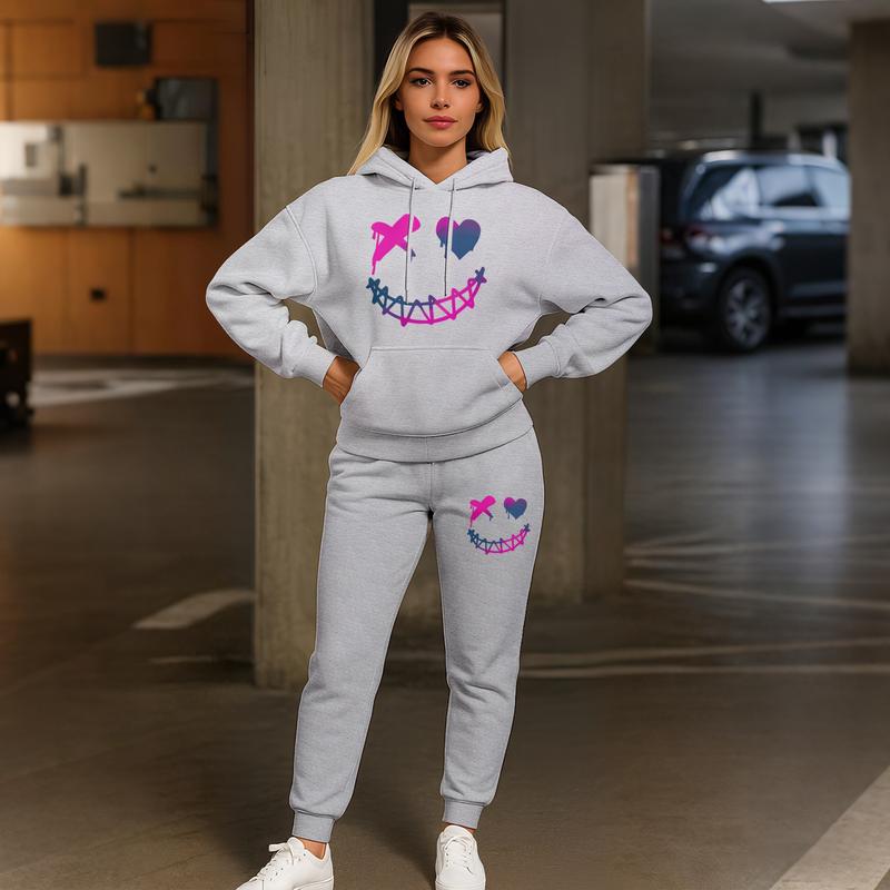 Women's Graffiti Smiley Print Hoodie and Drawstring Track Pants Set, Long Sleeve Hooded Sweatshirt and Jogger Outfit with Pockets, Casual 2 Piece Fall Winter Sportswear, Trendy Streetwear Tracksuit Set for Indoor Outdoor Daily Wear