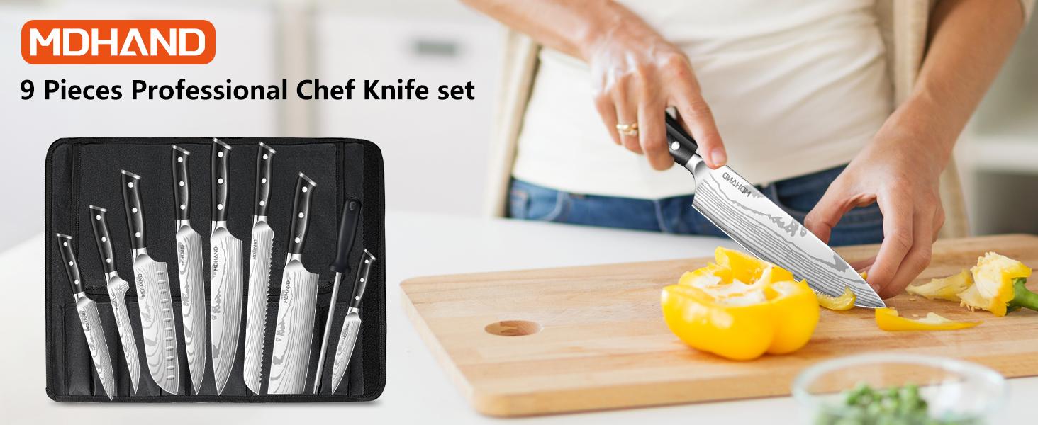 18PCS Kitchen Knife Set, Professional Chef Knife Set with Roll Bag, High Carbon Stainless Steel Japanese Knives, Full Tang Pakkawood Handle, Ultra Sharp