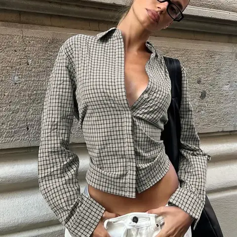 American Vintage Plaid Long Sleeve Shirt, Women's Fashion Casual Slim Fit Blouse Top, Spring & Fall Wear, Trendy Office, Fitted Casual Fashion