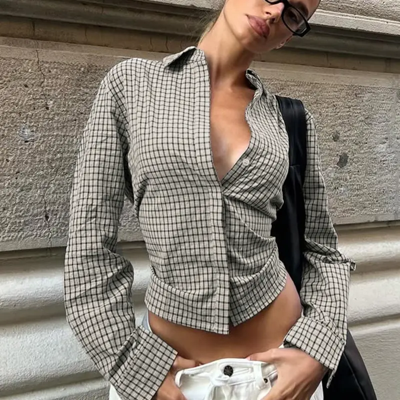 American Vintage Plaid Long Sleeve Shirt, Women's Fashion Casual Slim Fit Blouse Top, Spring & Fall Wear, Trendy Office, Fitted Casual Fashion