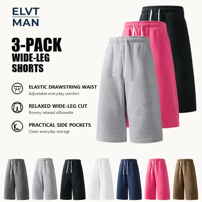 Men's 3-Pack Loose-Fit Capri Shorts Set (Light Gray + Navy Blue + Black), Regular Size, Elastic Waist, Side Pockets, XXS-XXXXL, Summer Daily Menswear, Assortment 31, Casual