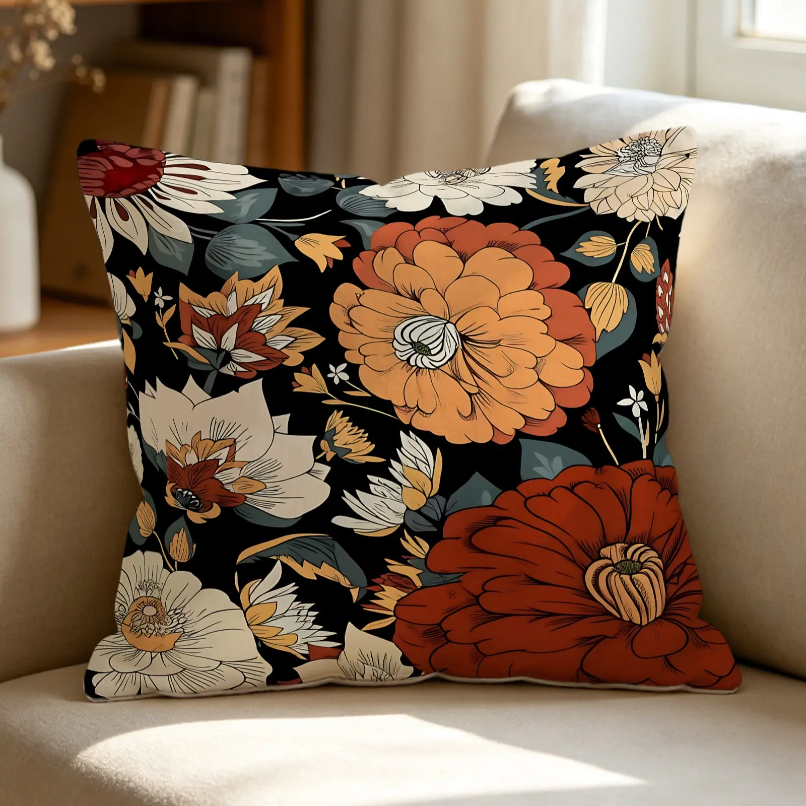 Bohemian Floral Throw Pillow, Includes Pillow Core Cushion, Ethnic Botanical Print Accent Pillow, Soft Plush, Fabric Cushion, Vintage Boho Style Decor for Living Room, Sofa, Couch, Bedroom, Farmhouse & Home, Square Pillow for Girls & Adult