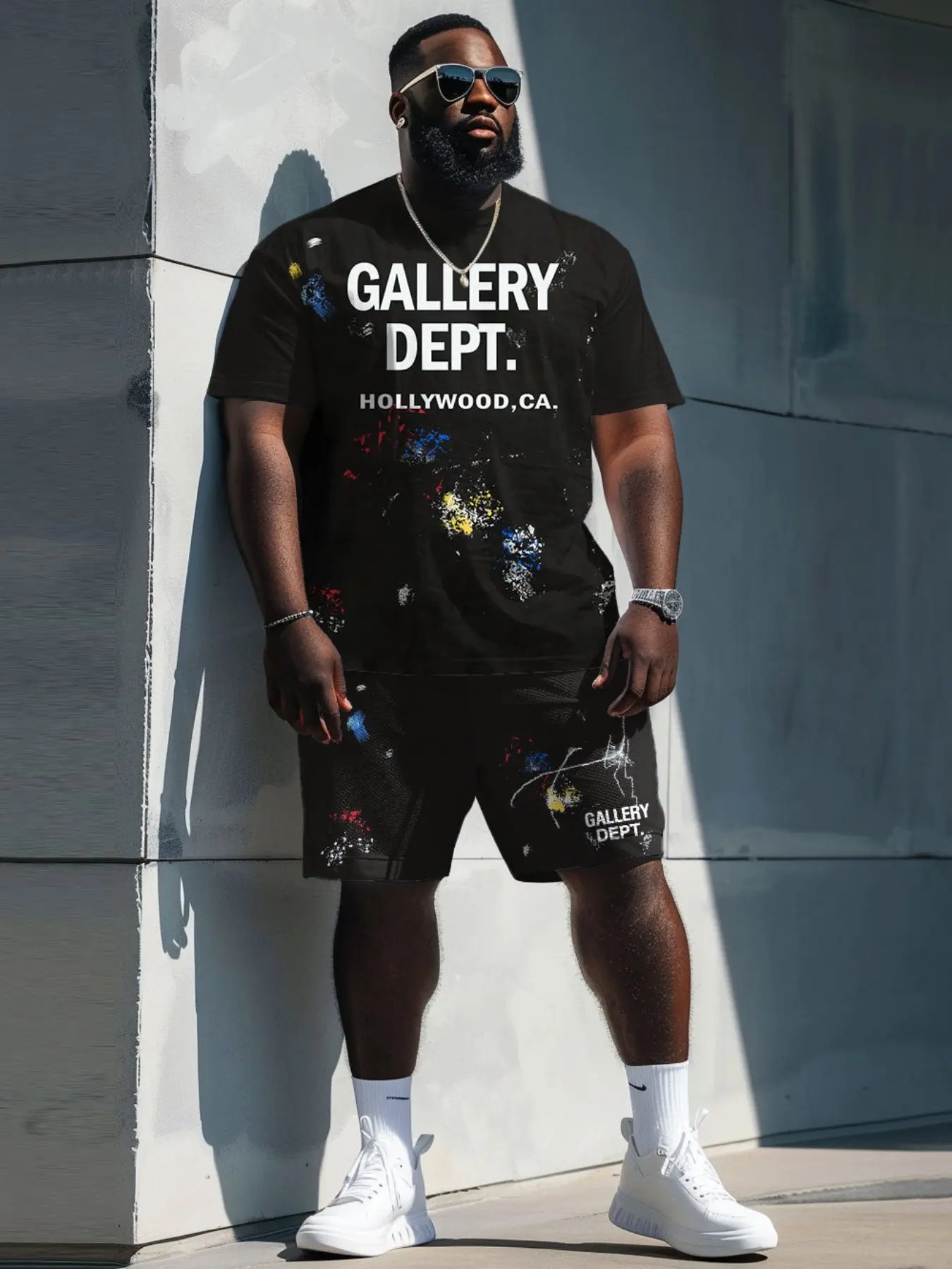 Summer Men's Plus Size Suit, Gallery Dept Hollywood Splatter Letter Print Round Neck Short Sleeve + Shorts Set, Casual Breathable Sportswear