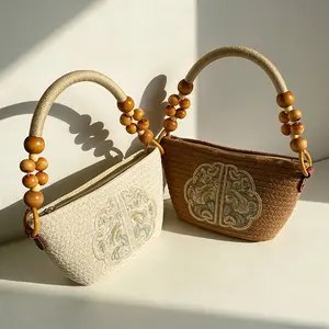 Women's Top Handle Tote Bag Boho Embroidery Print Shoulder Bag Straw Handbag Zipper Handheld Bag for Vacation & Casual