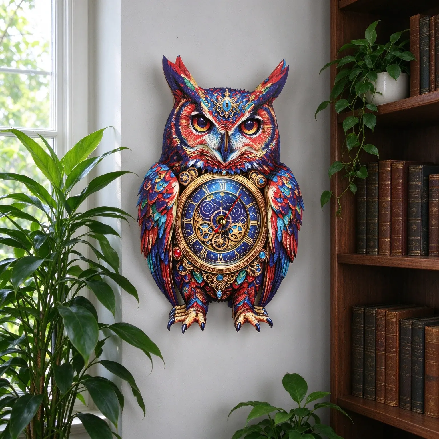 Hand-Painted Fantasy Owl Wooden Wall Clock, Silent Non-Ticking Quartz, Vintage Gear Roman Numeral, Art Wall Decor, Creative Gift