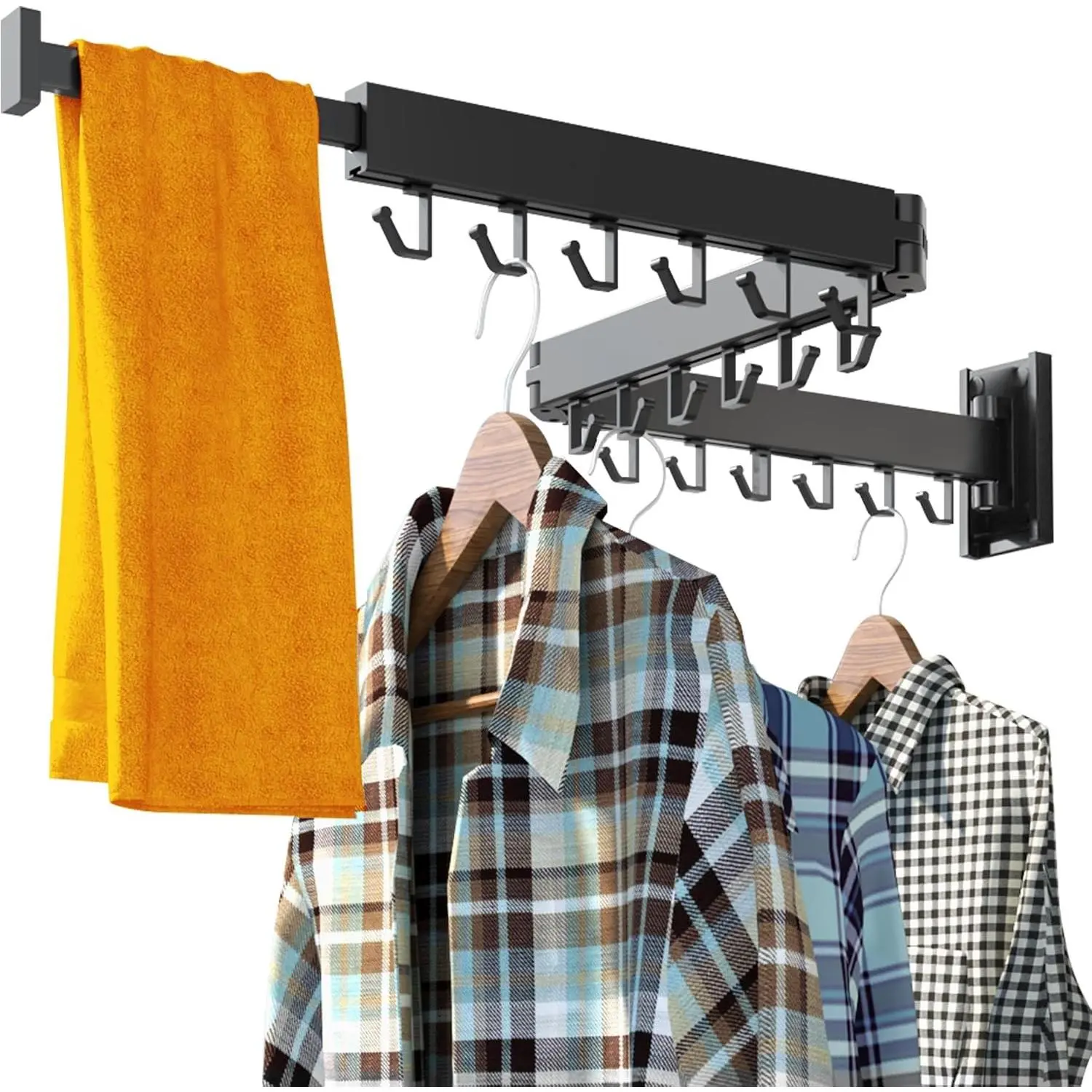 Clothes Drying Rack for Laundry,Wall Mounted Clothes Hanger Rack,Folding,Retractable,Collapsible(J Shape Hooks)