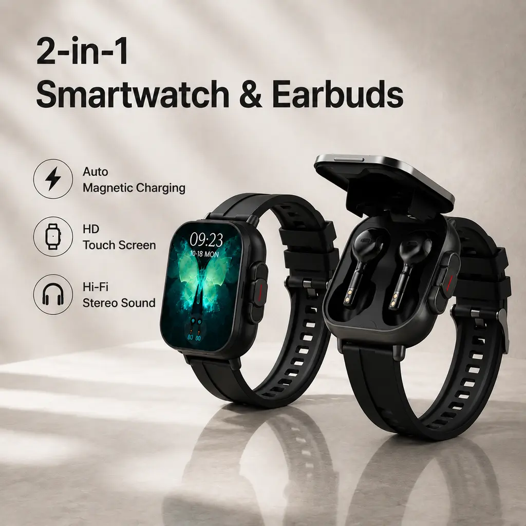 2-in-1 Portable Wearable Fitness Smart Watch with Silicon Wireless Earbuds, HD Full Touch Screen, Bluetooth Phone Call, Pedometer, Custom Workout Sports Timer, Glass, Water-Resistant, Aluminium, Custom Watch Faces, Daily Commuting, Devices, Durable Gadget