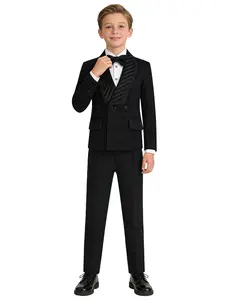 Boys 3-Piece Gentleman Suit Set | Blazer + Pants + Bow Tie | Black/Navy/Silver White | For Dance Competitions, School Academy Style, Holiday Performances, Formal Parties & Weddings | No Shirt Included -25084