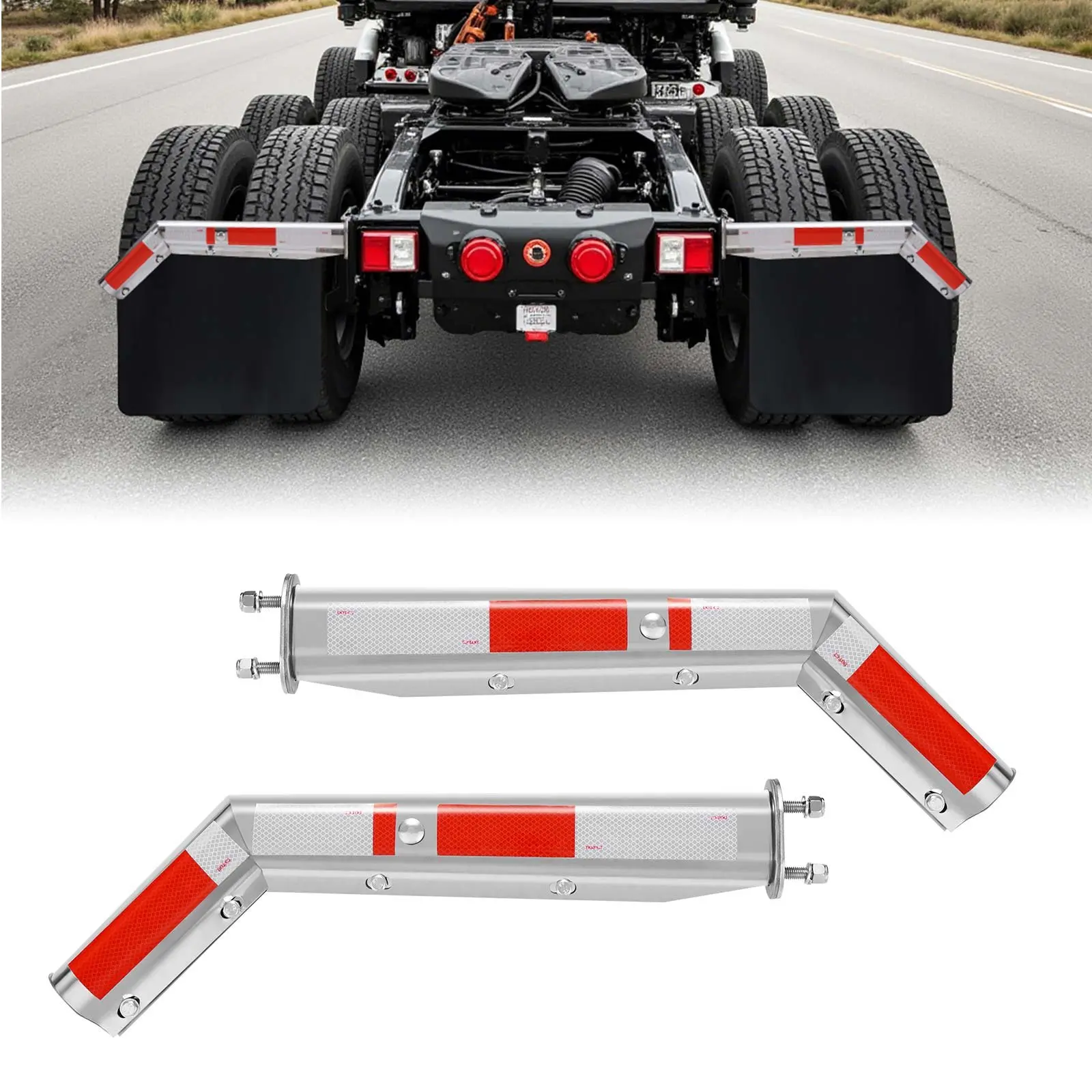 VEVOR Stainless Steel Angled Spring Loaded Mud Flap Hangers, 2-1/2" Bolt Spacing Mudflap Hangers for Semi Trucks, 1 Pair Heavy Duty Semi Truck Mud Flap Hanger Set with Reflective Strips, Silver