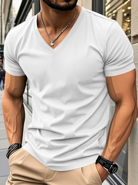 Men's Solid V-Neck Short Sleeve T-Shirt, Soft Breathable Heart-Neck Top, Classic Basic Versatile Tee &ndash; Suitable for Daily Wear, Layering & Outdoor Sports, Casual Fashion Must-Have for Men