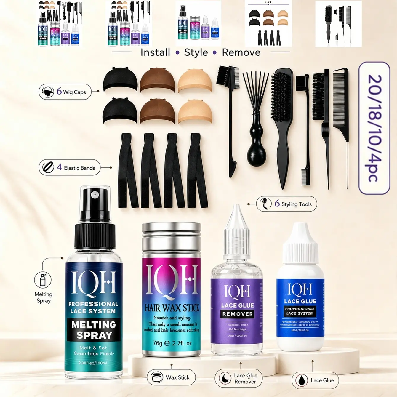 【Complete Wig Install Kit】20/18/10/4PCS Options 💜 Lace Wig Adhesive, Melting Spray, Remover, Hair Wax Stick, Wig Caps & Edge Styling Tools For Lace Front Wig Install Wig Installation Kit