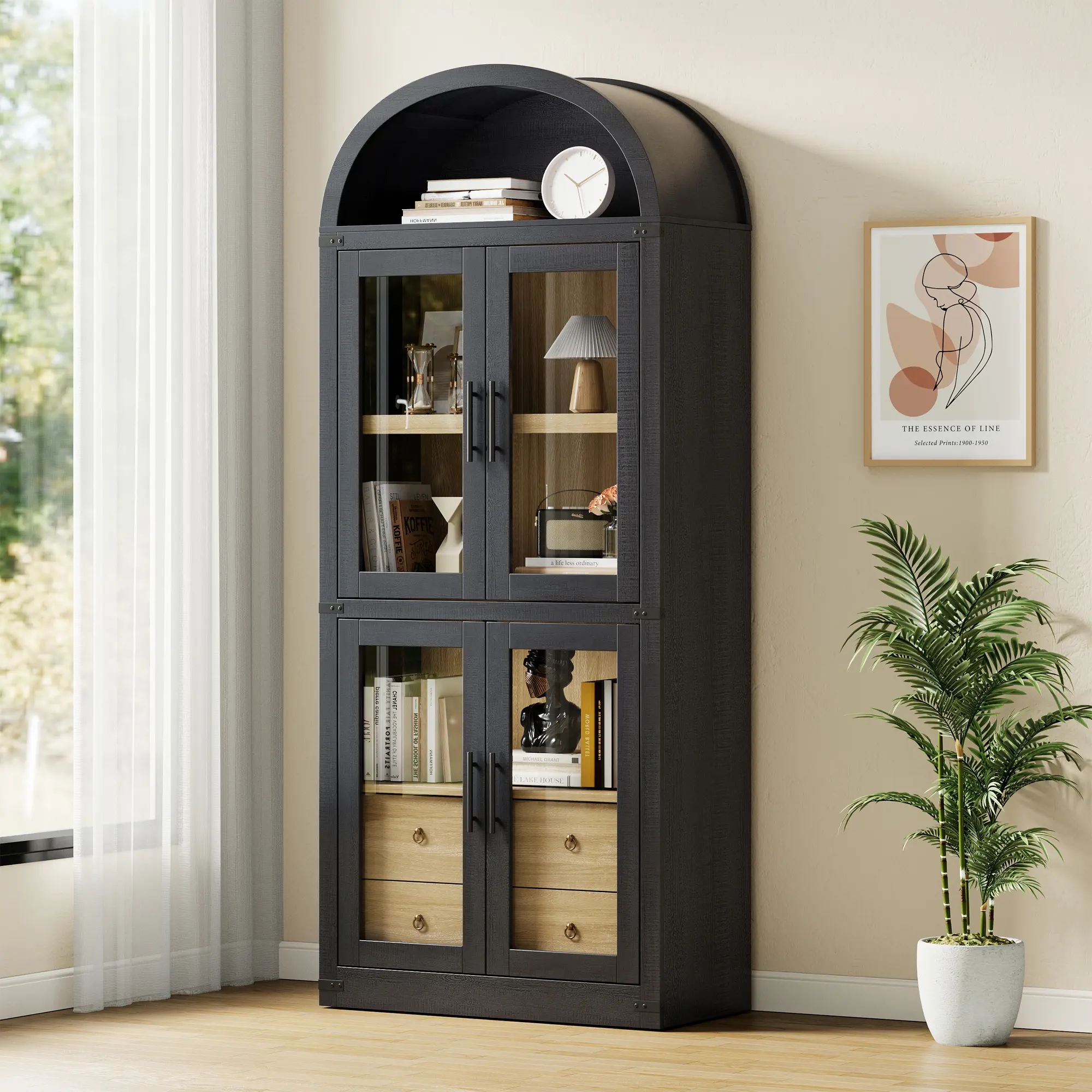 Farmhouse Arched Bookshelf Cabinet with Glass Doors and Drawers – 71.4in Tall Wooden Storage Display Shelves – Kitchen Cupboard for Living Room, Dining Room, or Office – Natural Oak