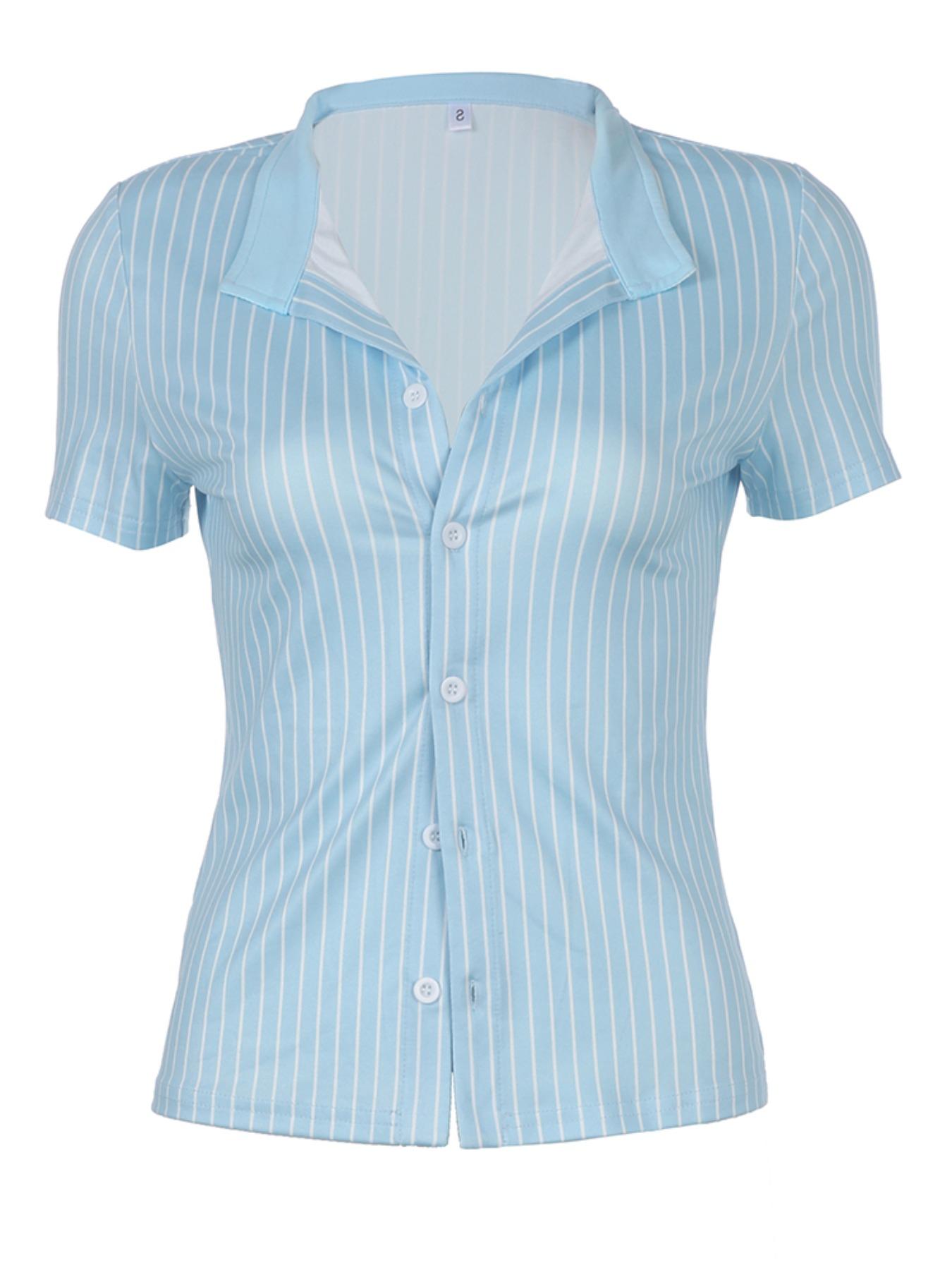 Women's Striped Print Button Front Blouse, Casual Slim-fitting Short Sleeve Button Collared Shirt for Summer, Ladies Clothes for Daily Wear