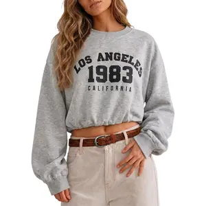 Flowyair Womens Crewneck Sweatshirt Los Angeles Elastic Waist Crop Tops | Long Sleeve, Loose Fit, Fall Spring, Pullover Tops, Round Neck, Elasticated Hem