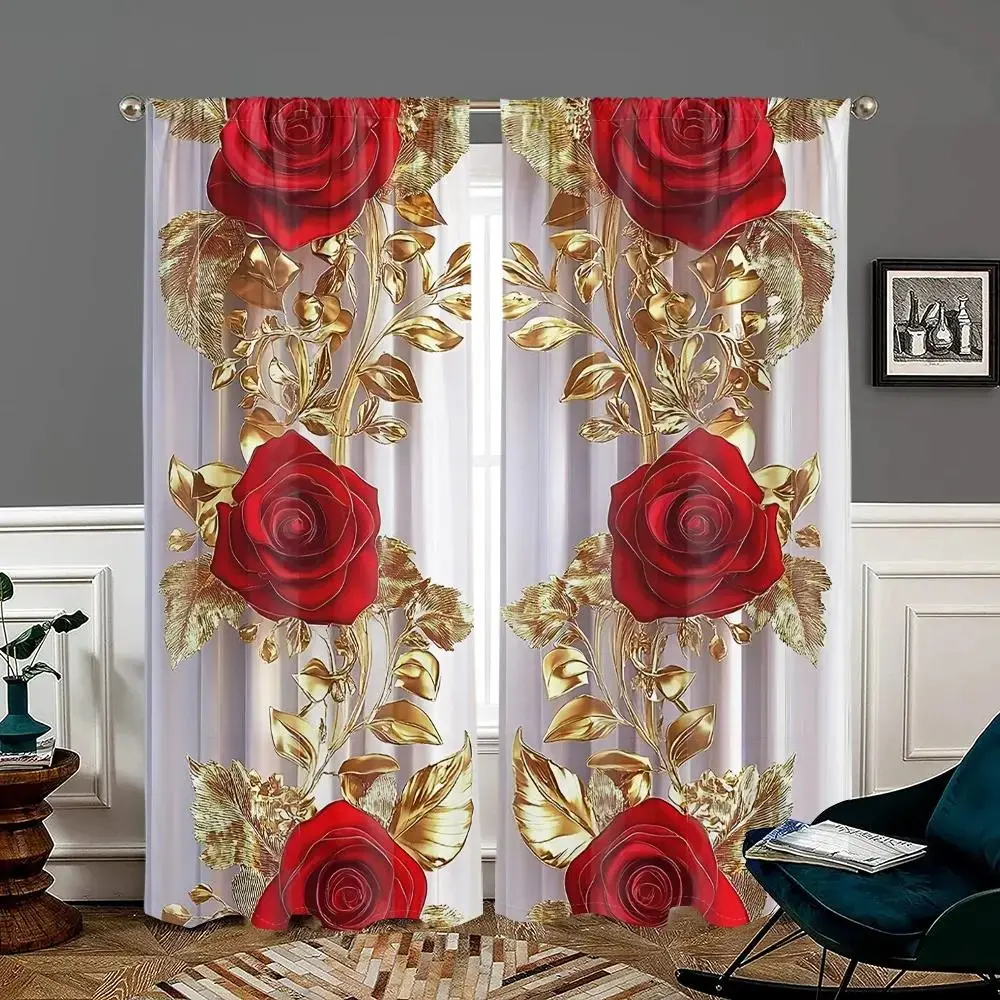 Luxury Red Rose Golden Leaf Printed Curtains 2 Panels, Shiny Metallic Floral Washable Polyester Window Drapes, Home Decoration Curtain