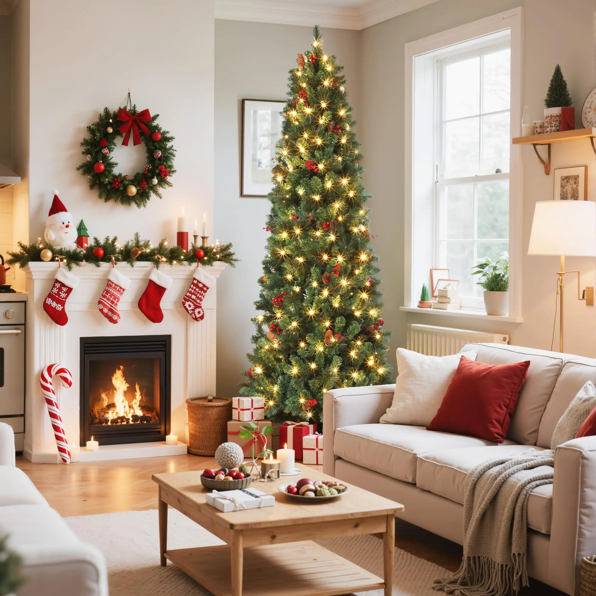 7ft Pre-Decorated Artificial Christmas Tree - Pine Cones & Red Berries - Realistic Branch Advice - Metal Stand Included - For Home, Office or Shop