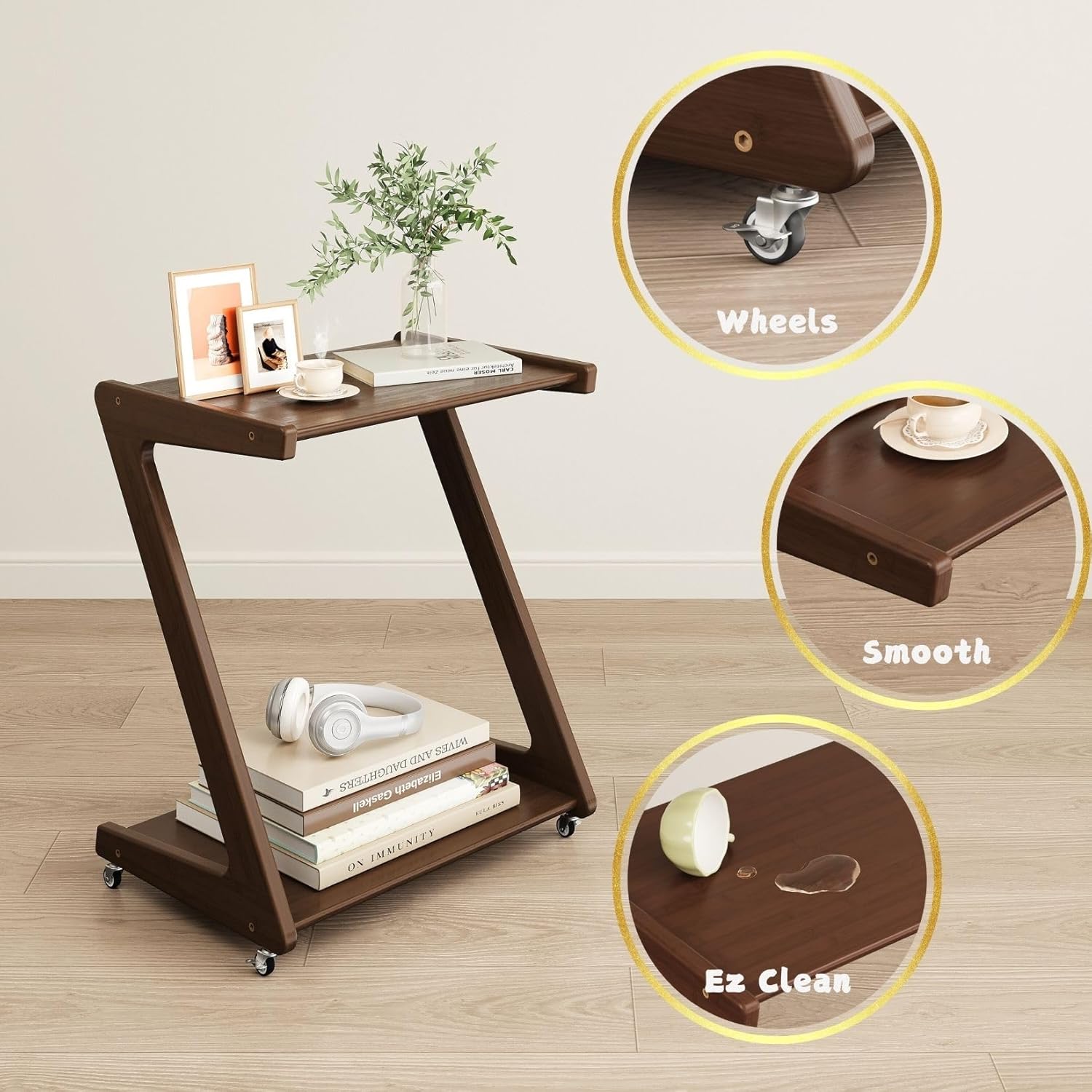 Solid   End Table with 2-Layer Storage Shelves, Small Rolling Side Table Beside Couch, Night Stand for Sofa, Coffee, Bedroom, Living Room (Z Shape, Walnut)