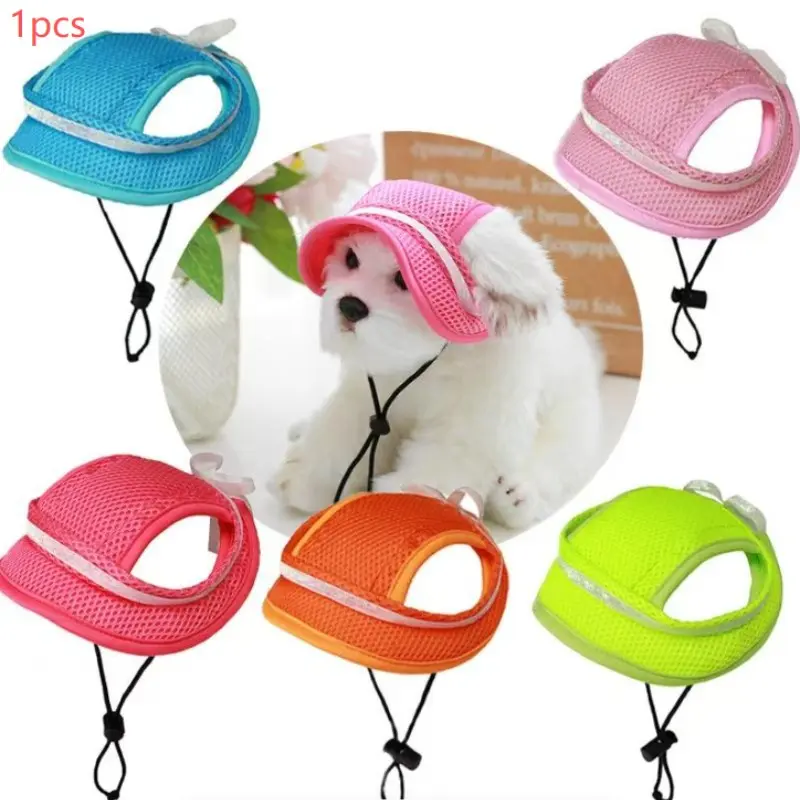 1 pet sun hat UV dog cat hat cute candy-colored bow pet outdoor breathable mesh outdoor protective hat