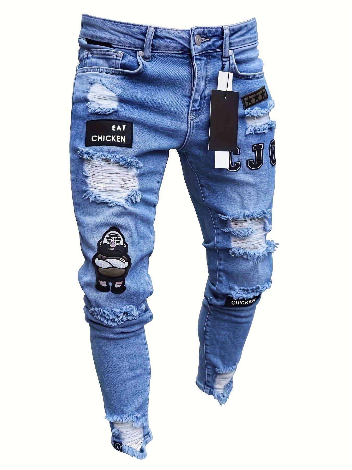 Men's Casual Skinny Fit Jeans, Ripped & Patchwork Embroidered Design, Men's Versatile Street Style Denim Pants For All Seasons