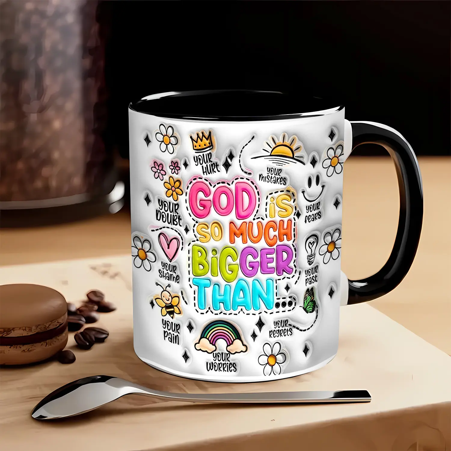 11Oz Inspirational Ceramic Coffee Mug with Encouraging Message - "God Is Much Bigger Than" Design, Floral And Rainbow Motifs - Perfect Christian Gift for Birthdays, Valentine'S Day, Or Office Use