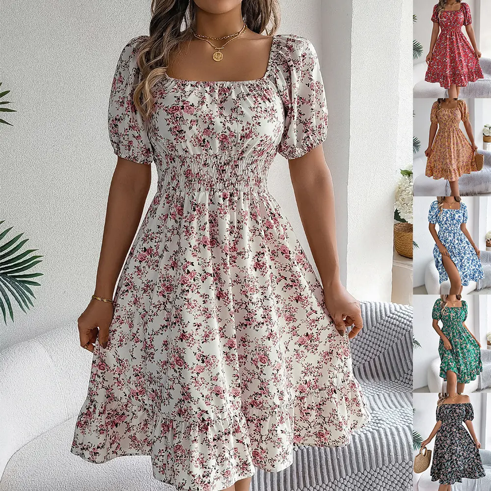 2026 Spring/Summer Square Neck Short Sleeve Waist-Cinching Ruffle Hem A-line Dress