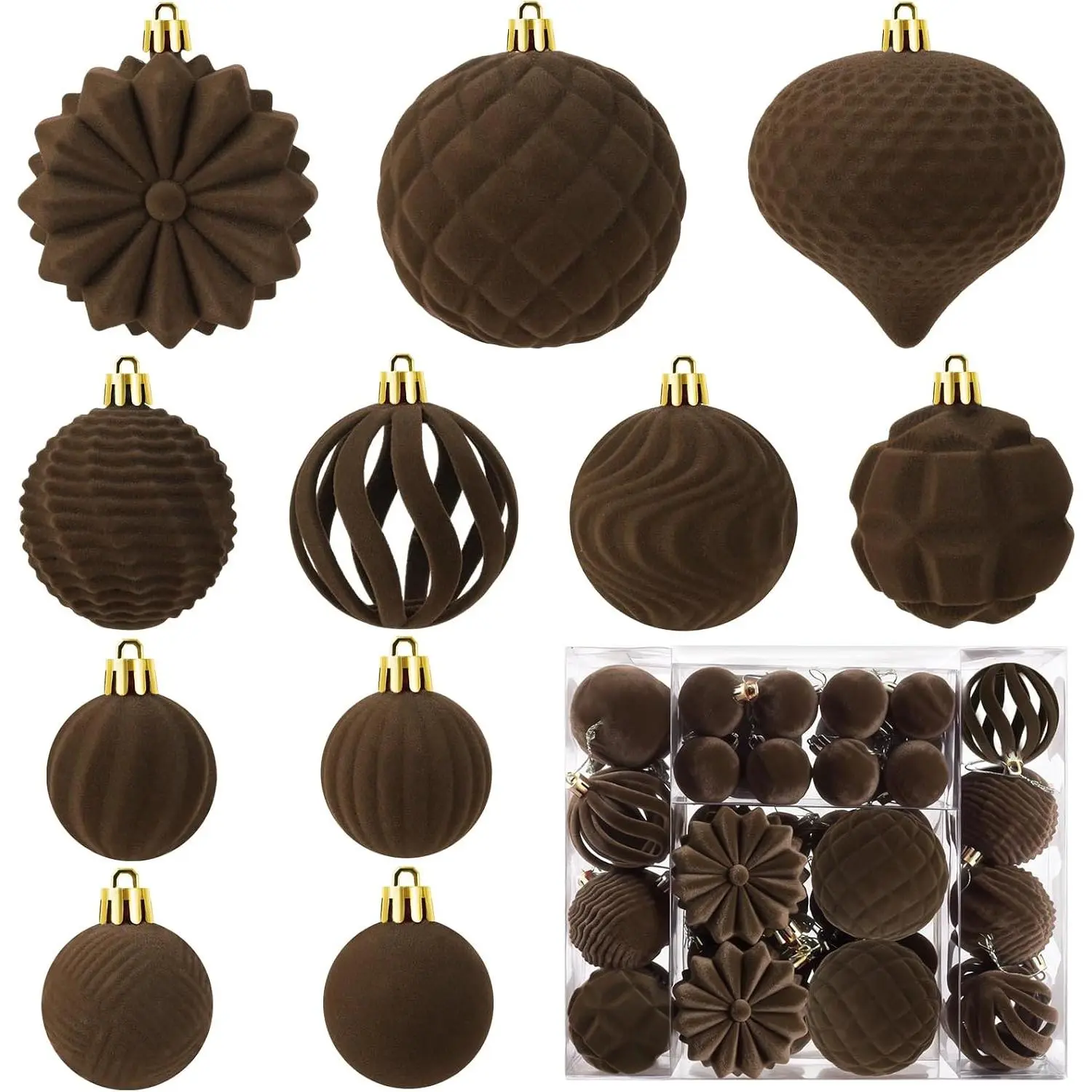48 count  Christmas Ball Ornaments Set, Flocked Christmas Tree Ornaments, Shatterproof  Xmas Balls Decorations for Christmas Tree  Decor Holiday Wedding Party (Caramel Brown)