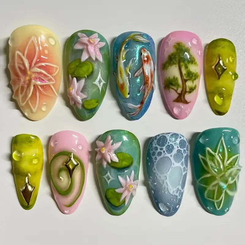 30 Pcs New Summer Almond-Shaped Fresh Lotus Good Luck Koi Fish European and American Ins Style Reusable Press-On Fake Nails Wearable Decorative Nails Nail Art Tips, Suitable for Women and Girls for Daily Life and Various Parties