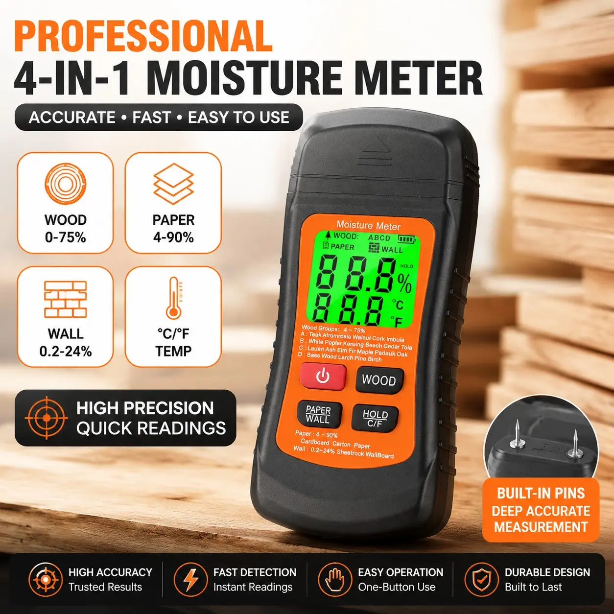 Portable Backlit Wood Moisture Meter, Digital Wall Board Humidity Detector, Woodworking Home Repair Industrial Factory Moisture Tester