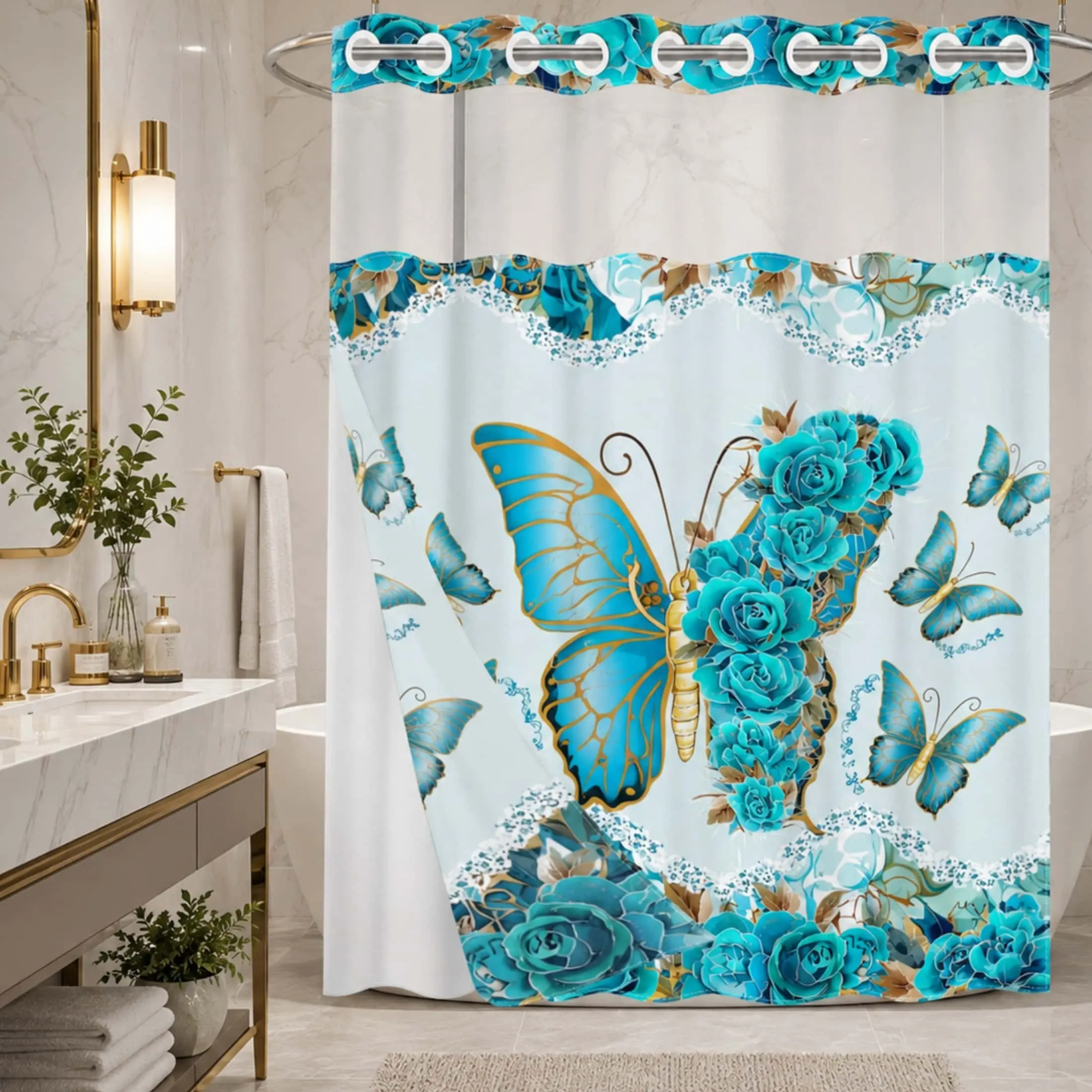 1PC Turquoise Rose, Lace Floral Pattern Double-Layer Woven Hookless Shower Curtain, No Hook Shower Curtain With Snap In Liner, Transparent Top Window, Removable Snap-On Liner, Bathroom Art Decor, Bathroom & Holiday Decoration