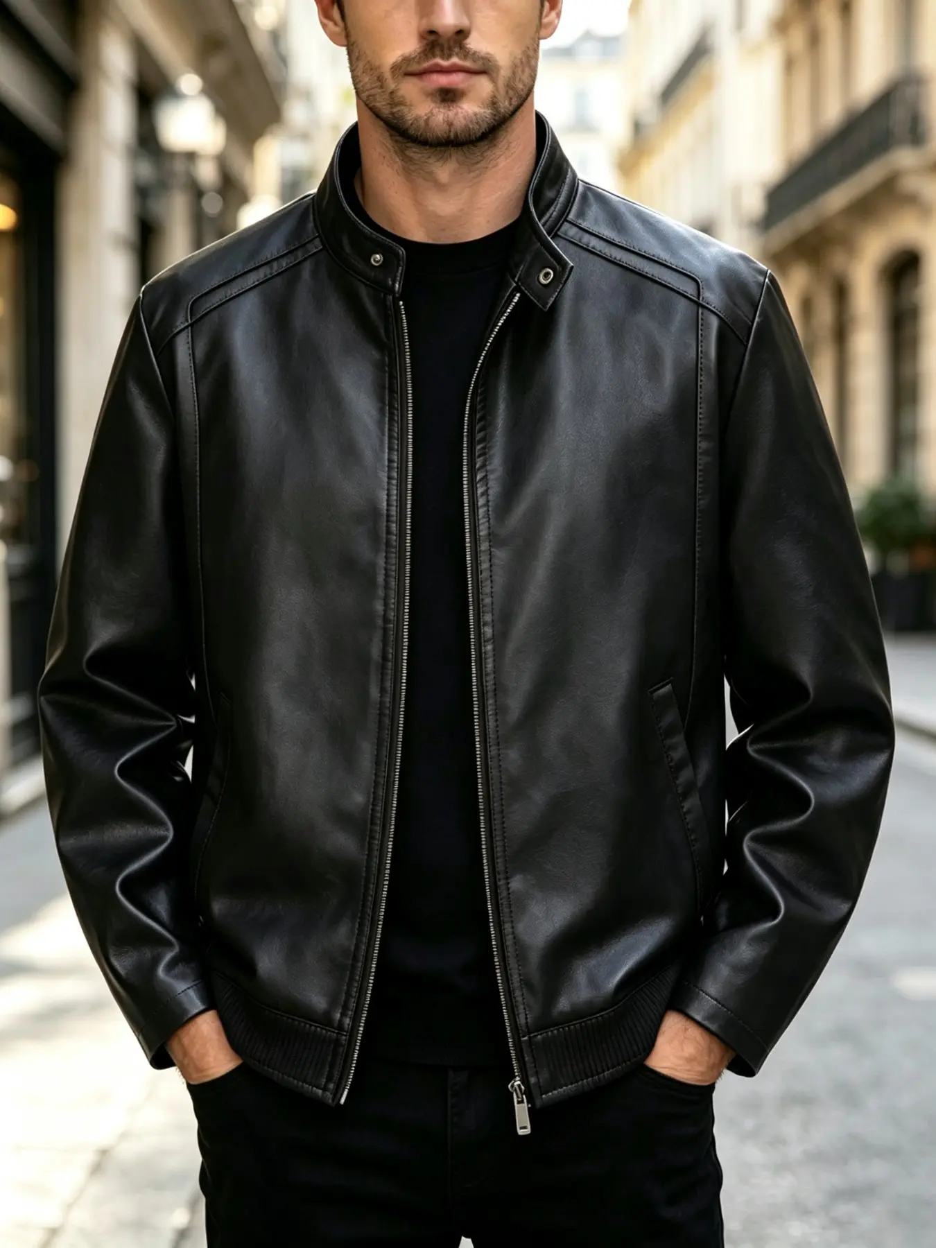 Men's Button Closure Stand Collar Imitation Leather Jacket, Casual Zipper Lightweight PU Outerwear, Simple Fitted Motorcycle Style Spring Fall Top