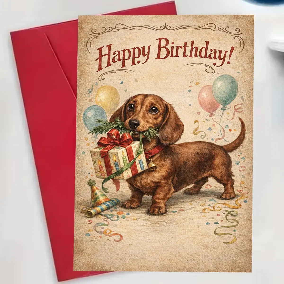 Happy Birthday Dog Greeting Card with Envelope, Vintage Turkish Dog Design with Cute Puppy, Gift & Balloons, Birthday Card for Dog Lovers, Pet Owners, Friends & Family, Blank Inside, Christmas Holiday Gift
