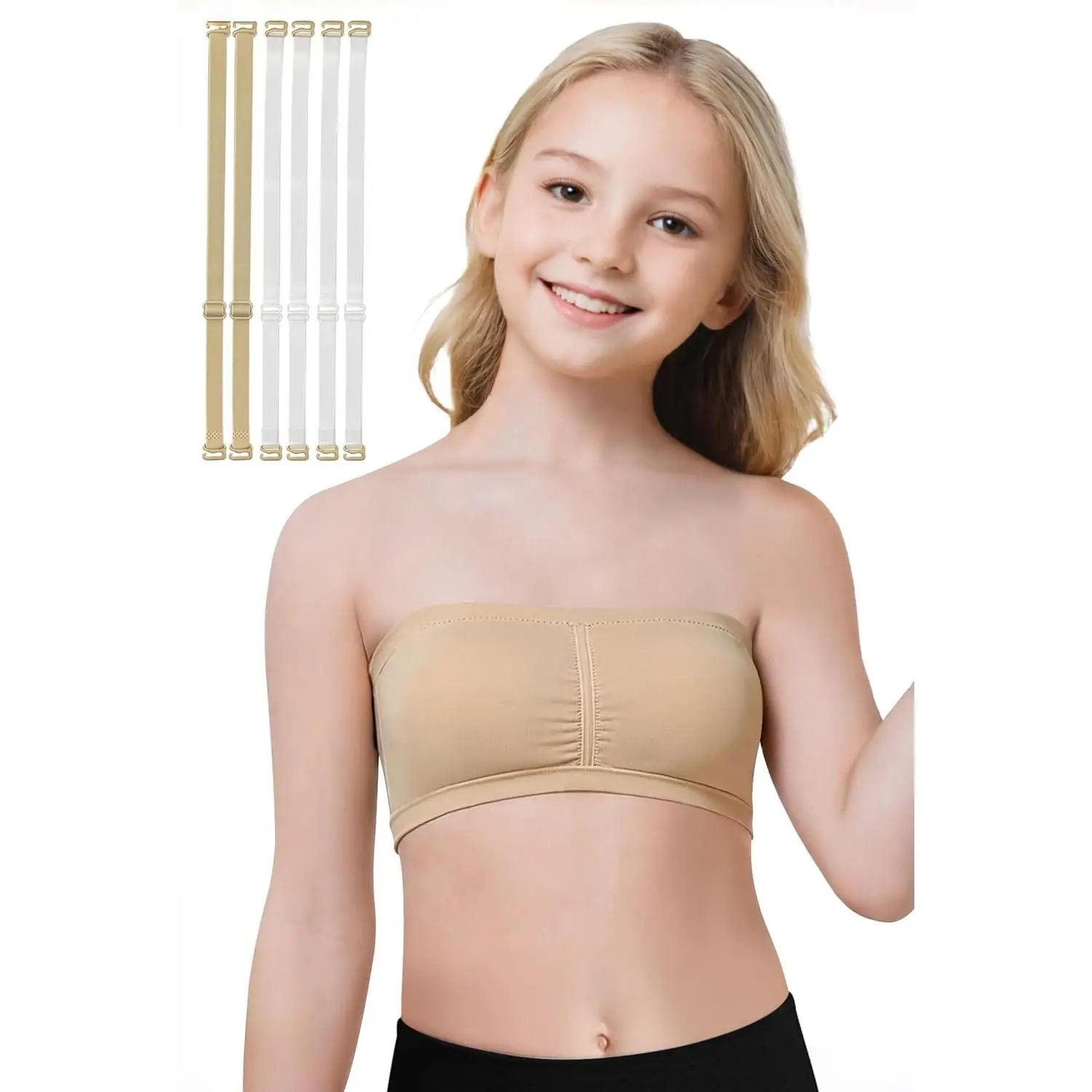Girls Seamless Bandeau Bra for Teen Girls Training Sport Crop Top with 2 Pairs of Clear Straps, Chest Padding