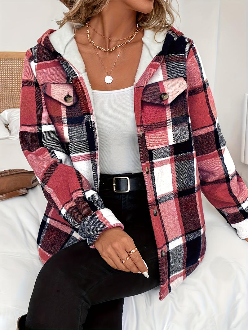 Women's Casual Plaid Hooded Jacket with Fleece Lining 100% Polyester Woven Shirt Button Detail All-Season Warmth Lightweight Outerwear Coats Fitted Khaki Long Sleeve Tops