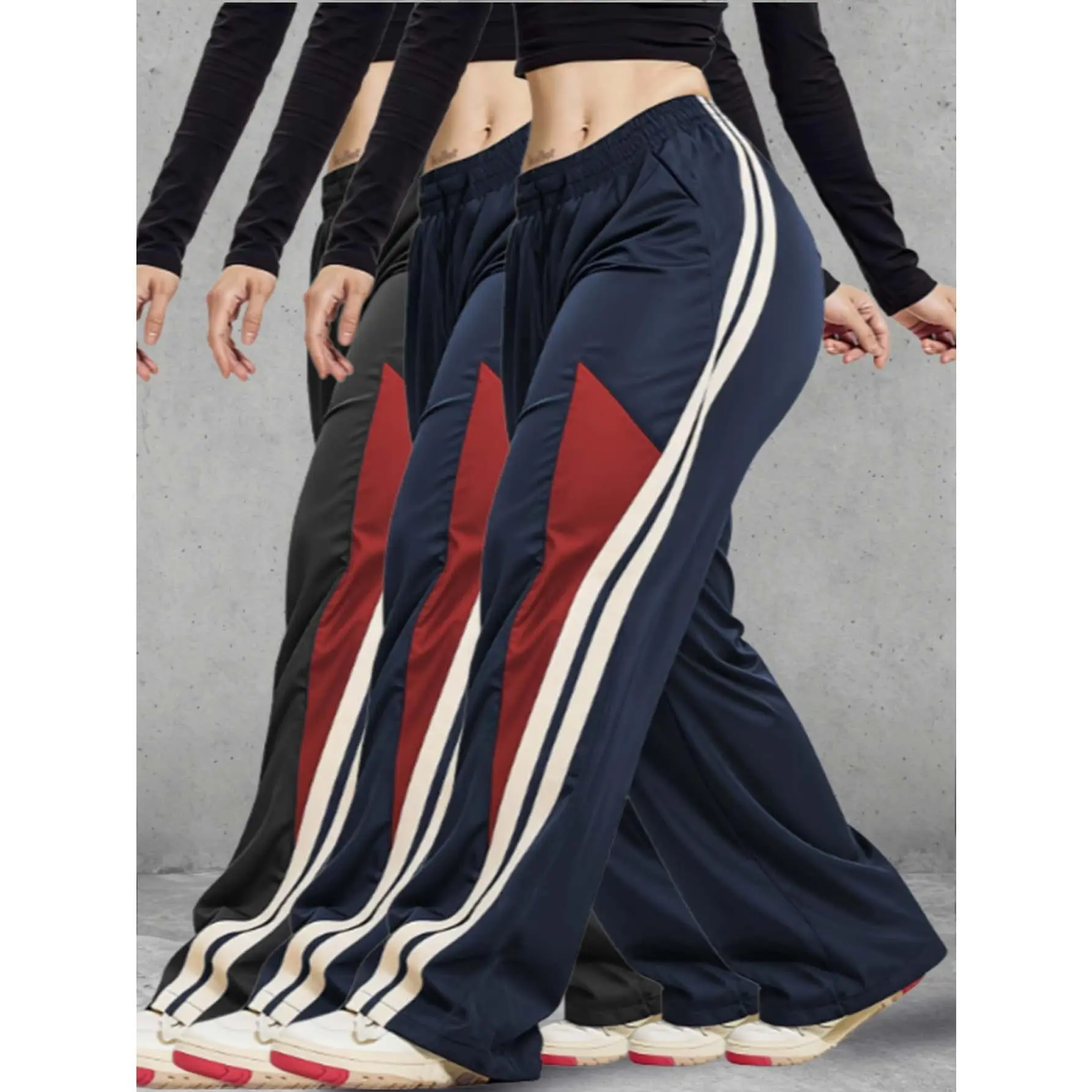 3‑Pack Women Contrast Triangle Patchwork Wide‑Leg Trousers, Dual Side Stripes, Elastic Drawstring Waist, Light Casual Bottoms with Functional Pockets for Everyday Wear