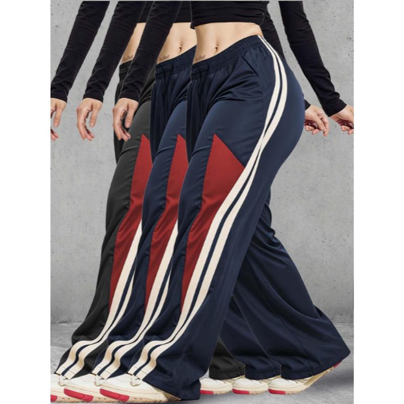 Women's 3-Pack Athletic Wide-Leg Hiking Pants, Triangle Patches Contrast Patchwork with Dual Side Stripes, Drawstring Waist, Lightweight Fabric, Side Pockets for Daily Wear