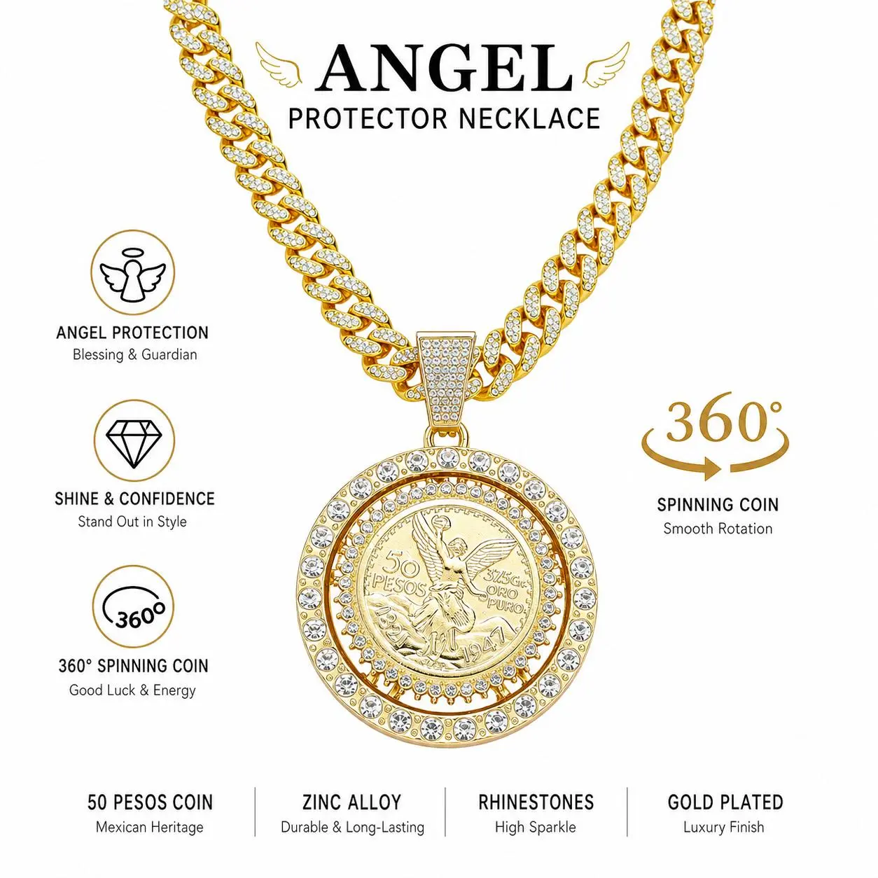 360-Degree Rotatable Mexican 50 Pesos Centenario Coin Pendant Necklace, 20 inch Cuban Link Chain, Unisex Costume Jewelry for Men, necklace for men