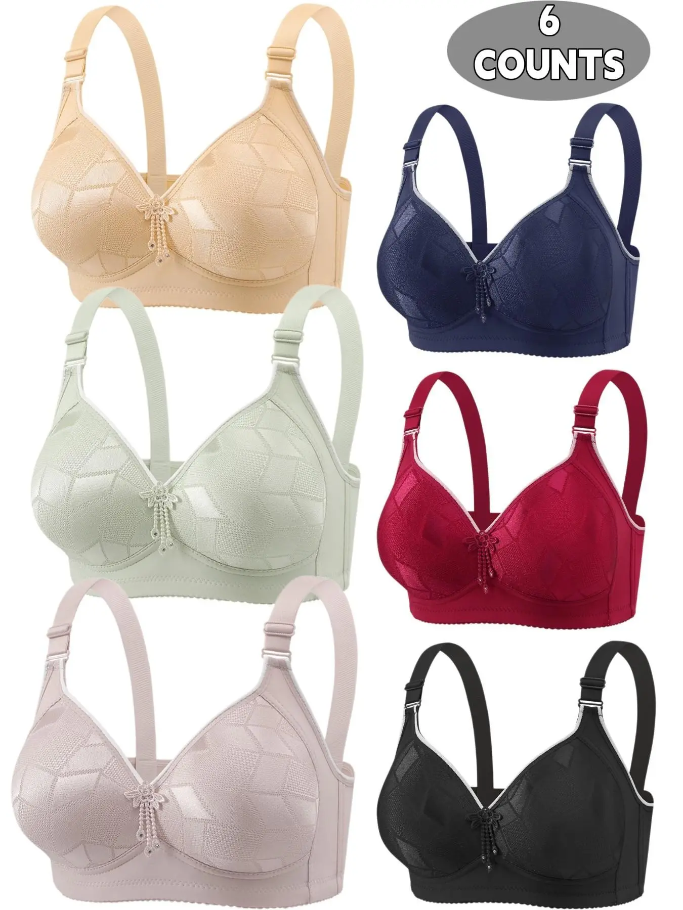 6-Pack Wireless Push-Up Bras, Seamless Comfort Fit, Daily Wear Underwear, Breathable Soft Fabric, Full Coverage Max Support