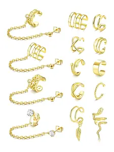 14 Pcs Gorgeous Golden Adjustable Cuff Chain Earring Set for Women Men Premium Copper 316L Stainless Steel Non-piercing Ear Wraps Sparkling CZ Snake Feather Leaf Diversified Silhouettes with Dangling Chain Drop Details Perfect for Layered Ear Styling