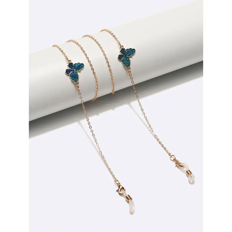 Butterfly Charm Eyeglass Chain In Gold And Blue Tone, Anti-slip Spectacle Lanyard Dual Purpose For Glasses And Face Masks Daily Accessory