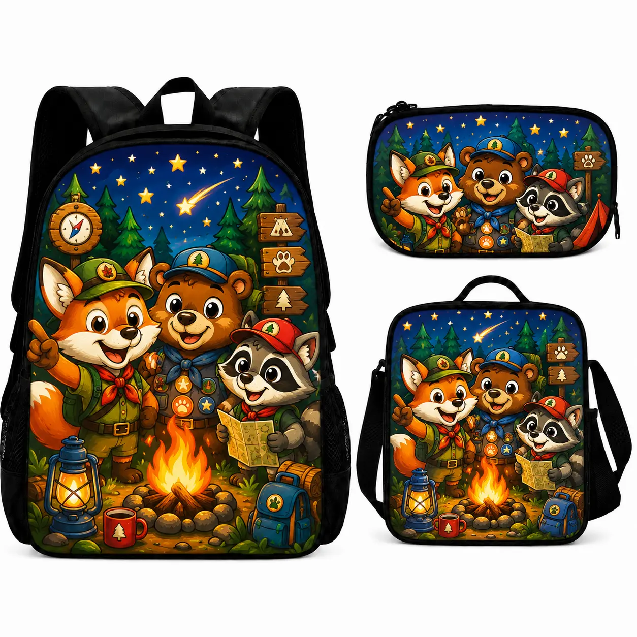 Kids 3 Piece Backpack Set for Boys Girls, Cute Woodland Animal School Backpack with Lunch Bag and Pencil Case, Forest Camping Fox Bear Raccoon Bookbag, Preschool Elementary Daypack for Travel Daycare Hiking Outdoor Adventure Back to School Gift