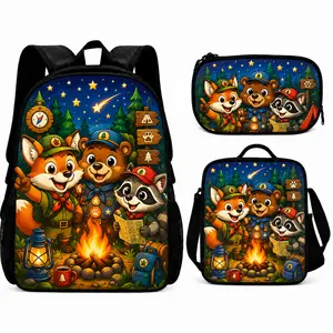 Kids 3 Piece Backpack Set for Boys Girls, Cute Woodland Animal School Backpack with Lunch Bag and Pencil Case, Forest Camping Fox Bear Raccoon Bookbag, Preschool Elementary Daypack for Travel Daycare Hiking Outdoor Adventure Back to School Gift
